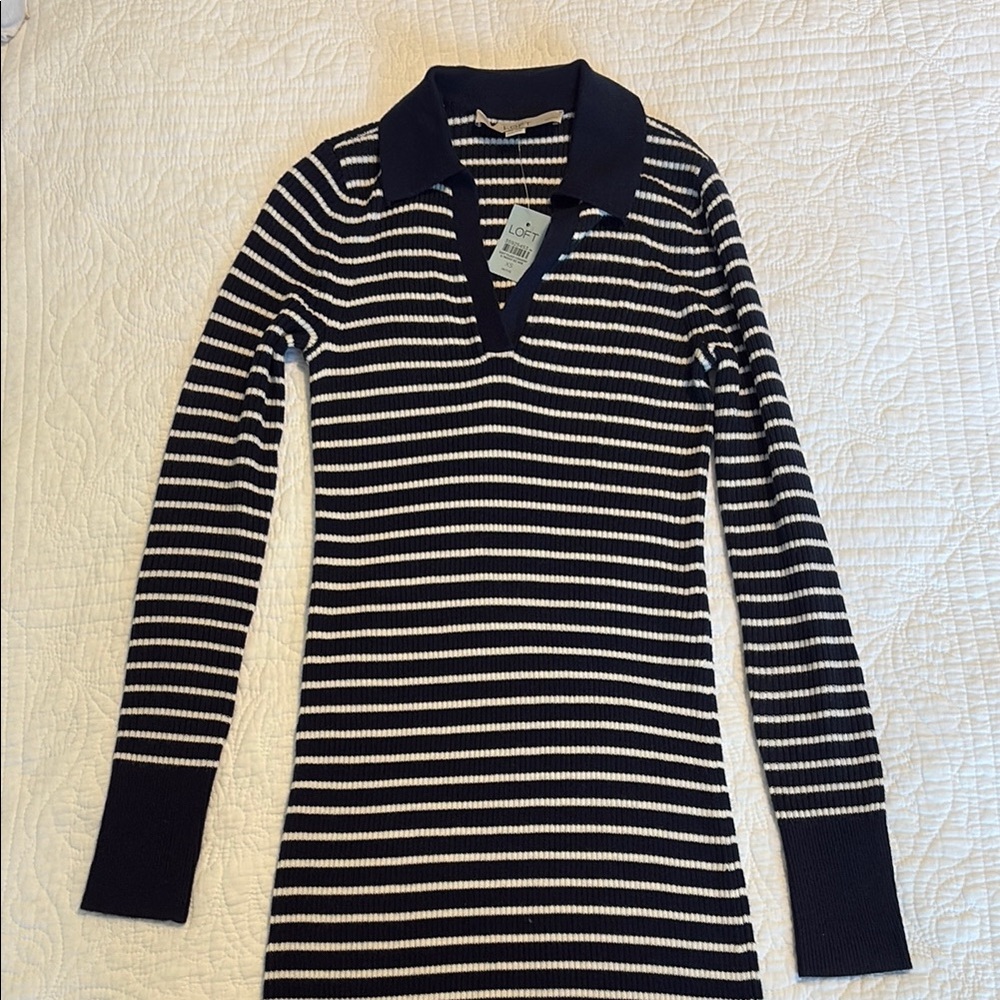 LOFT Navy and White Striped sweater Midi Dress